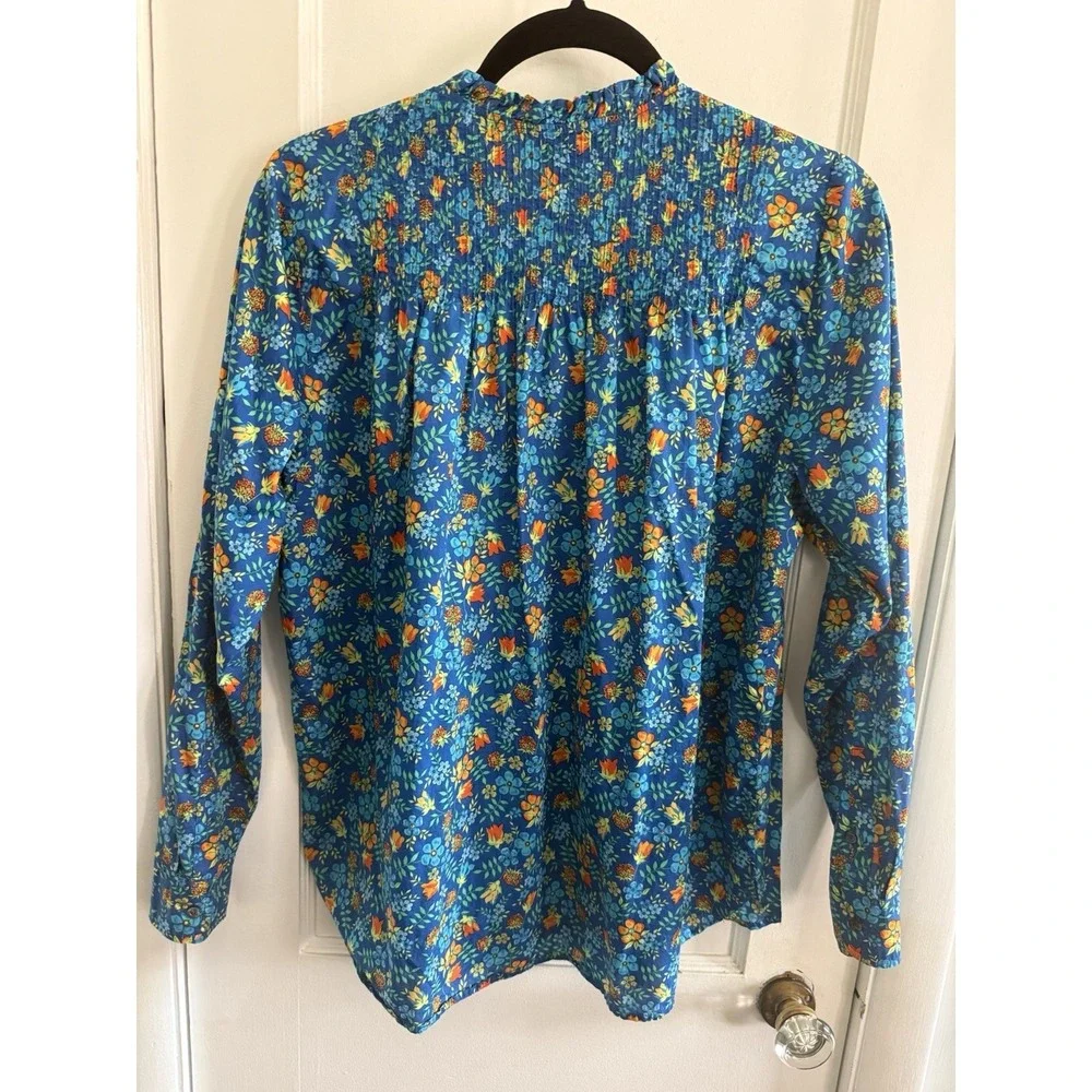 J. CREW Liberty Floral Blue Multicolor Ruffle Blouse Size 12 Peasant